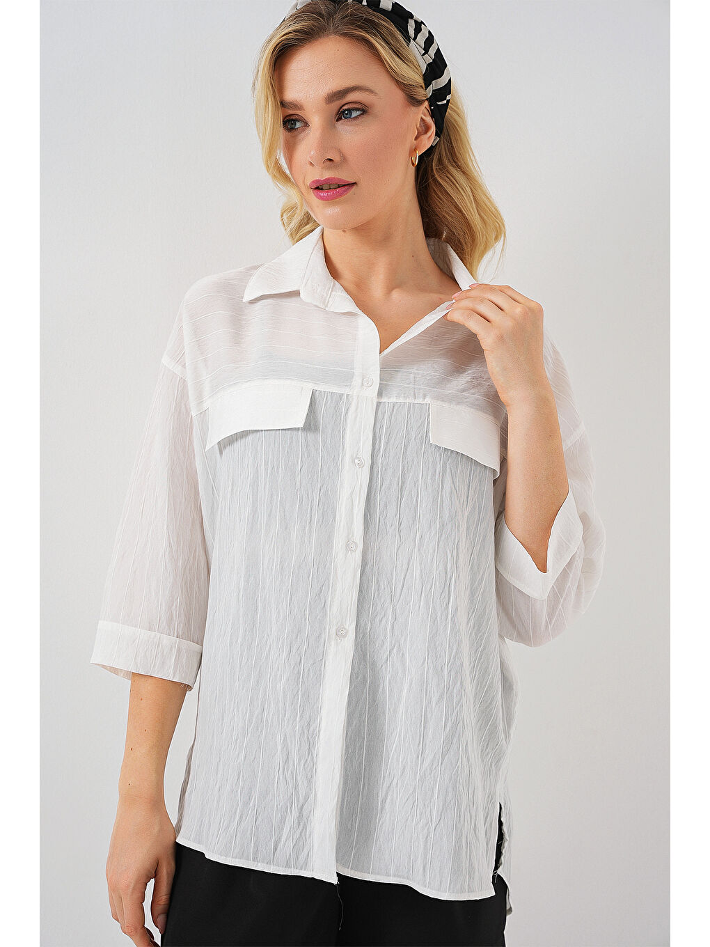 Kadın Cep Detaylı Kısa Kol Gömlek 20317 - Beyaz-3