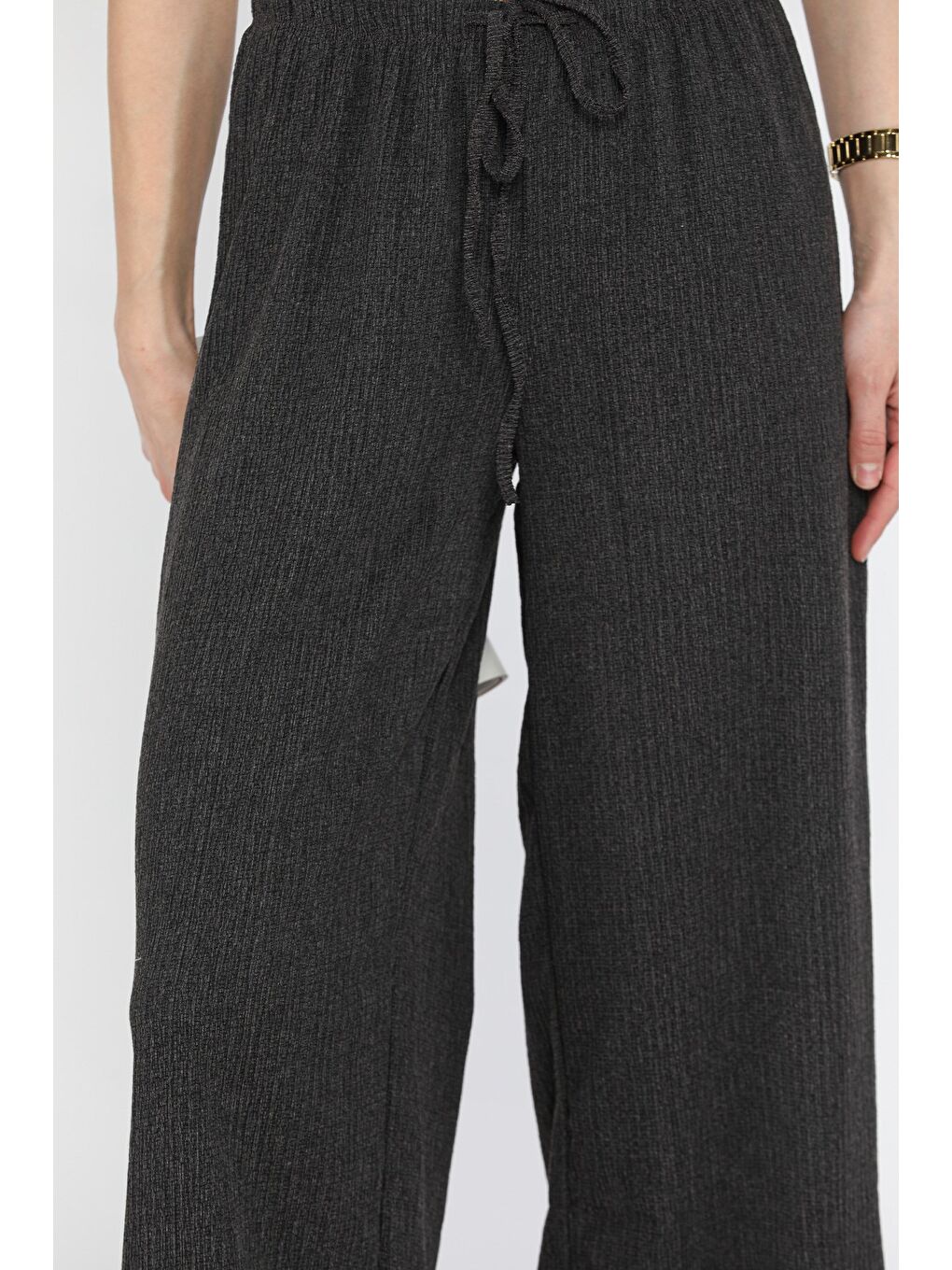 Antrasit Kadın Bel Bağlamalı Elastanlı Kumaş Pantolon-3