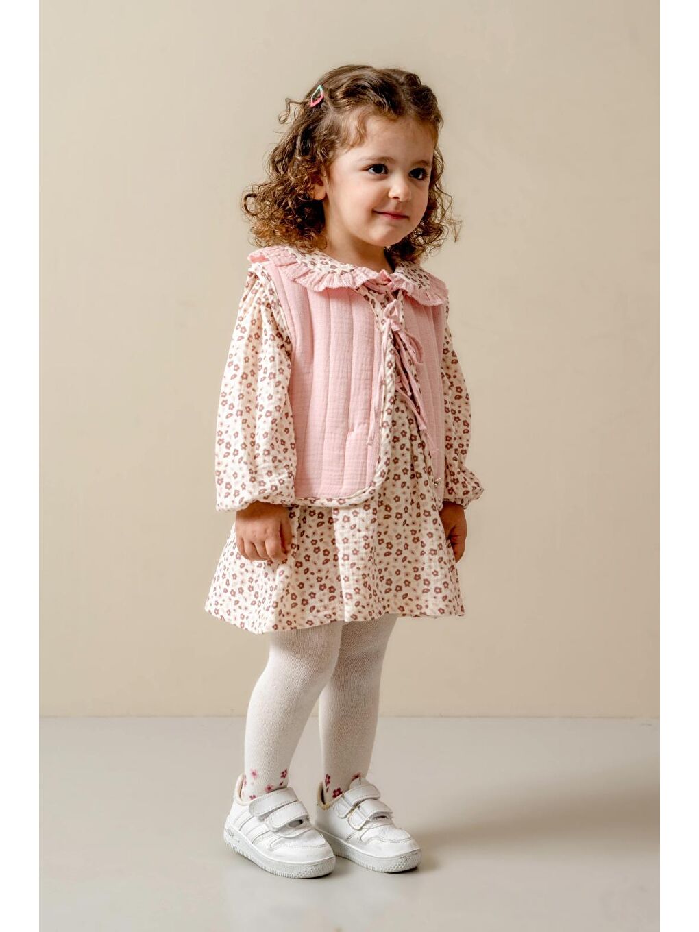Pembe Kız Çocuk Pamuklu Pudra Çiçek Desenli Elbise Ve Yelek Takım-3