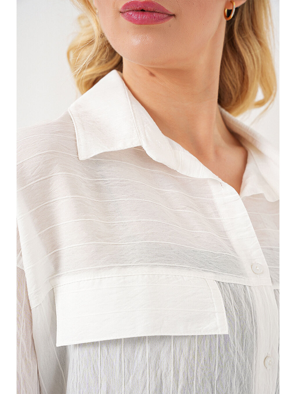 Kadın Cep Detaylı Kısa Kol Gömlek 20317 - Beyaz-4