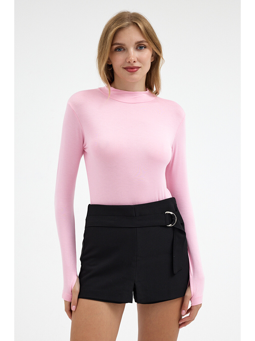 Kadın Yarım Balıkçı Yaka Basic Pembe Bluz