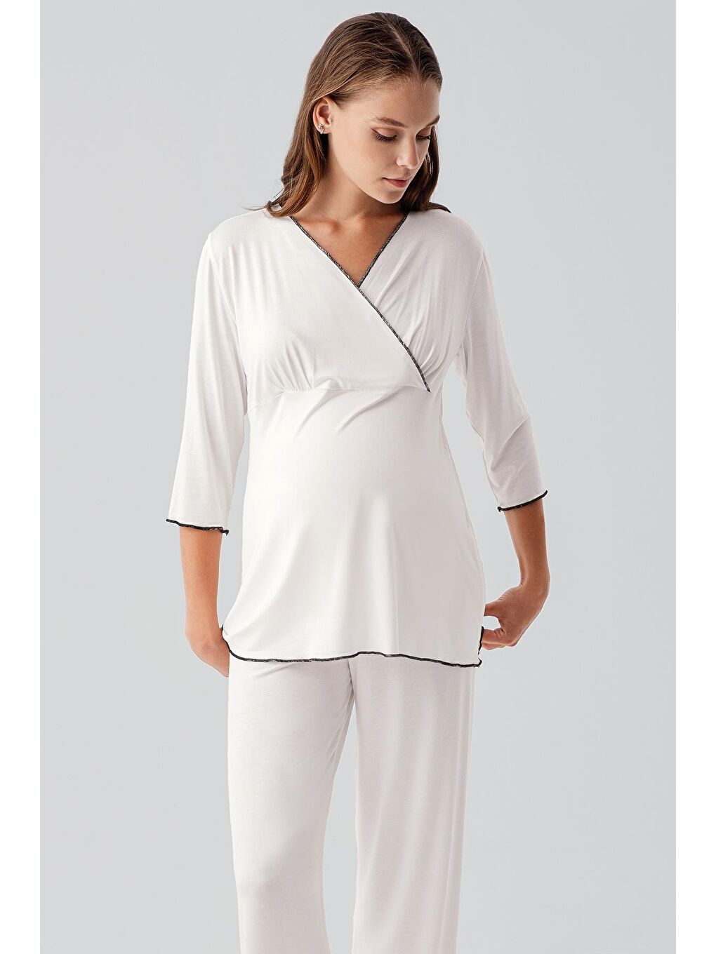 Ekru Uzun Kollu Elastanlı Esnek Viskoz Soft Hamile Pijama Takım 19212-3