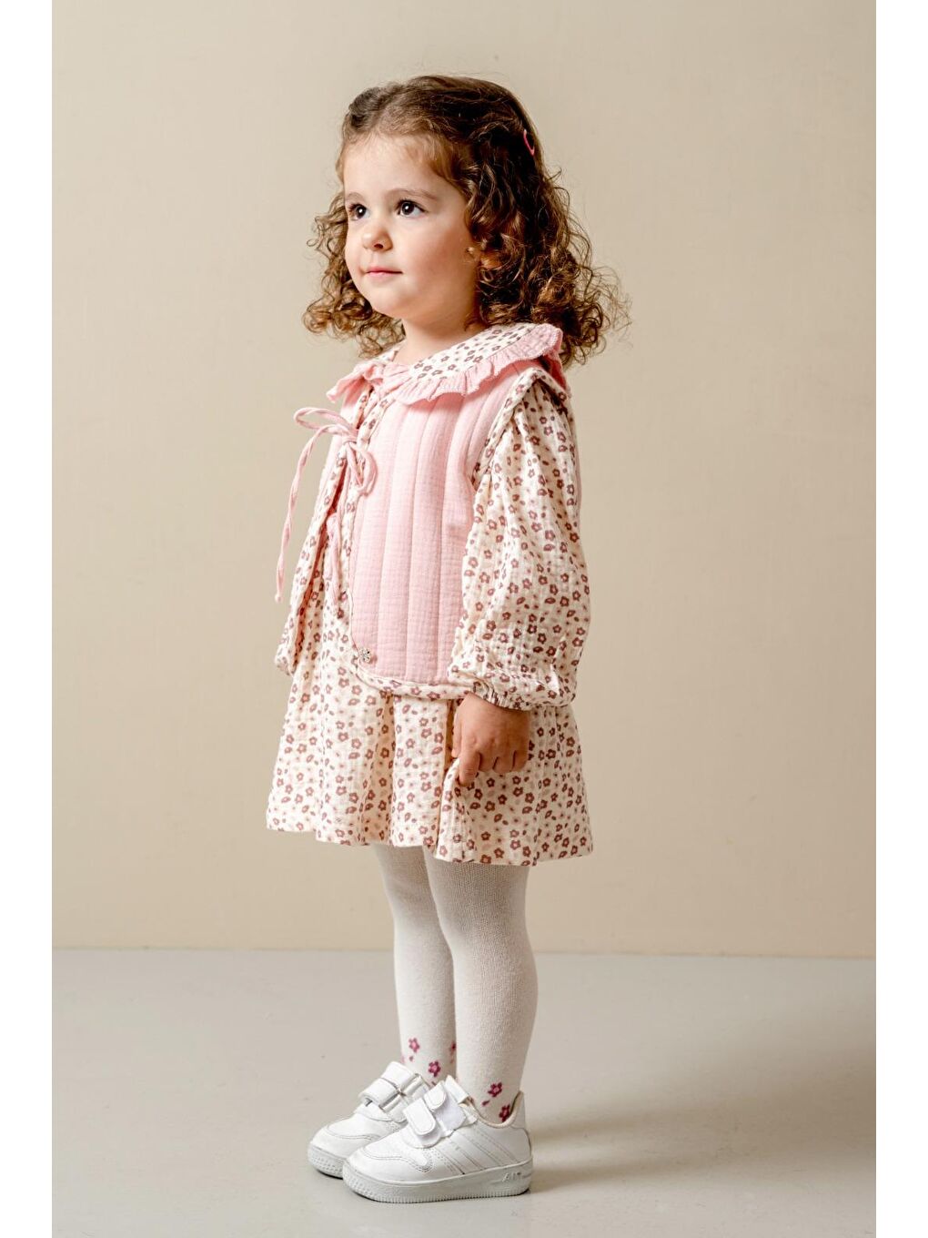 Pembe Kız Çocuk Pamuklu Pudra Çiçek Desenli Elbise Ve Yelek Takım-4