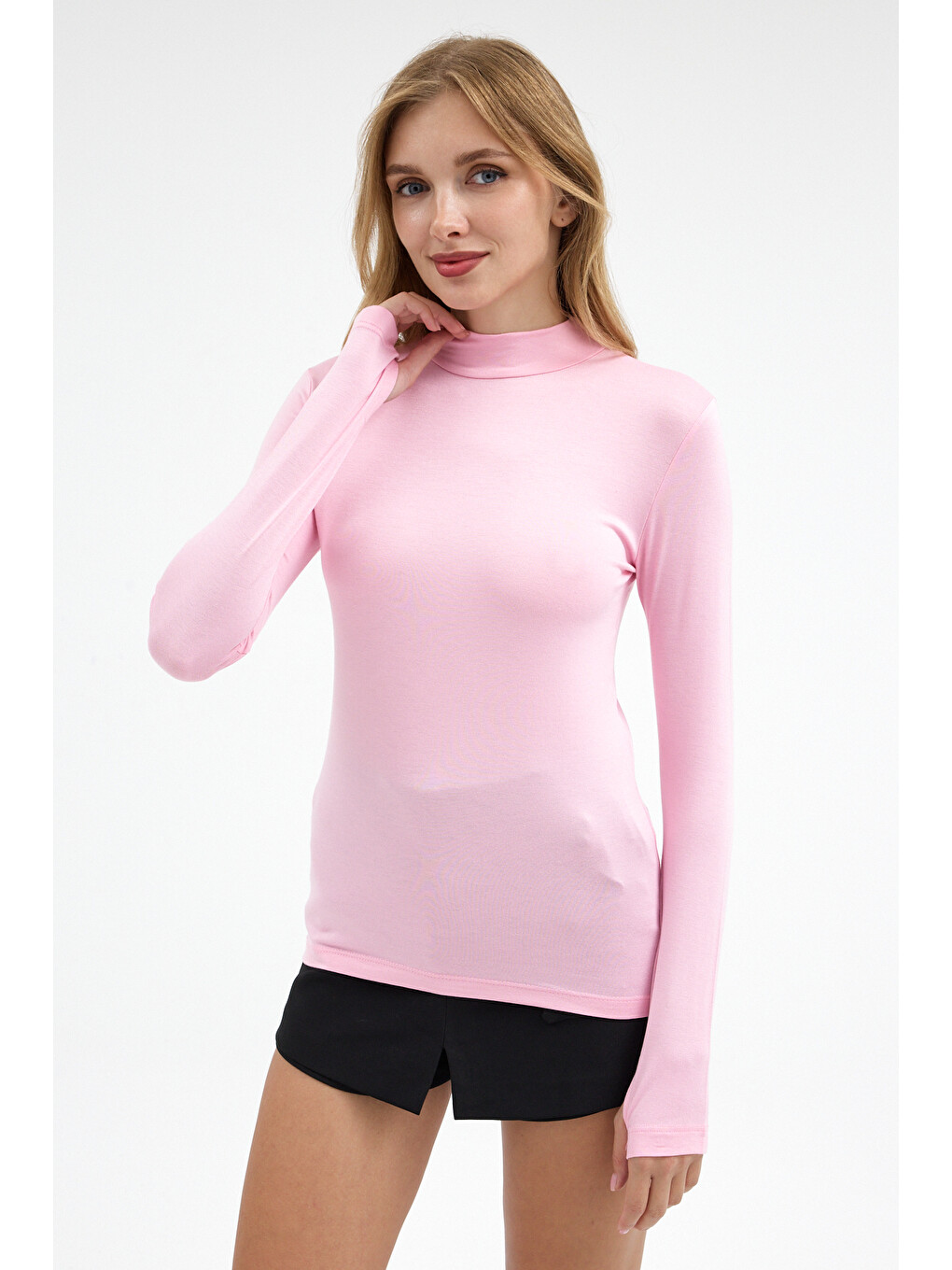 Kadın Yarım Balıkçı Yaka Basic Pembe Bluz-2