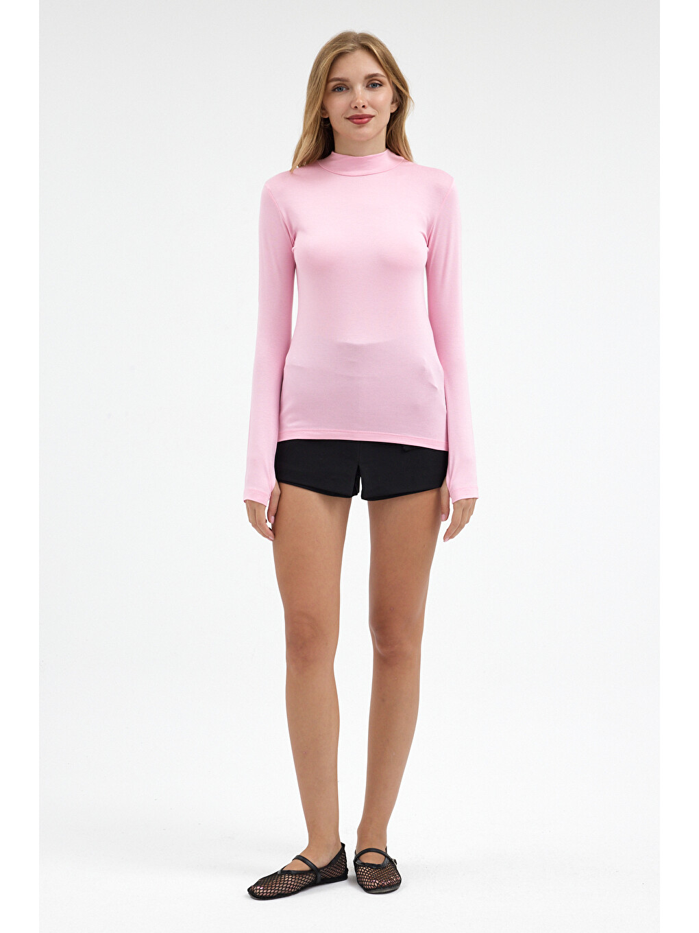 Kadın Yarım Balıkçı Yaka Basic Pembe Bluz-3