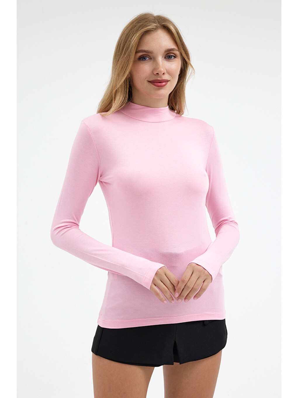 Kadın Yarım Balıkçı Yaka Basic Pembe Bluz-4