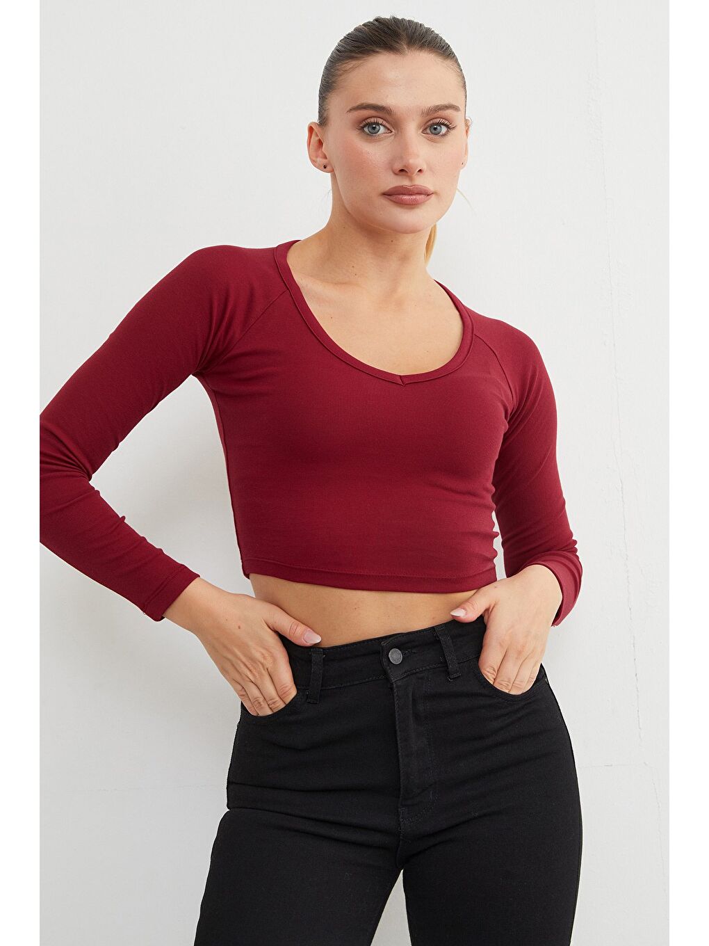 Bordo V Yaka Uzun Kol Crop Bluz