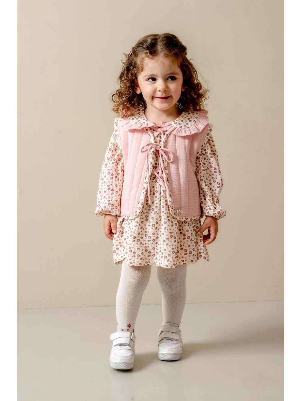 Pembe Kız Çocuk Pamuklu Pudra Çiçek Desenli Elbise Ve Yelek Takım-5