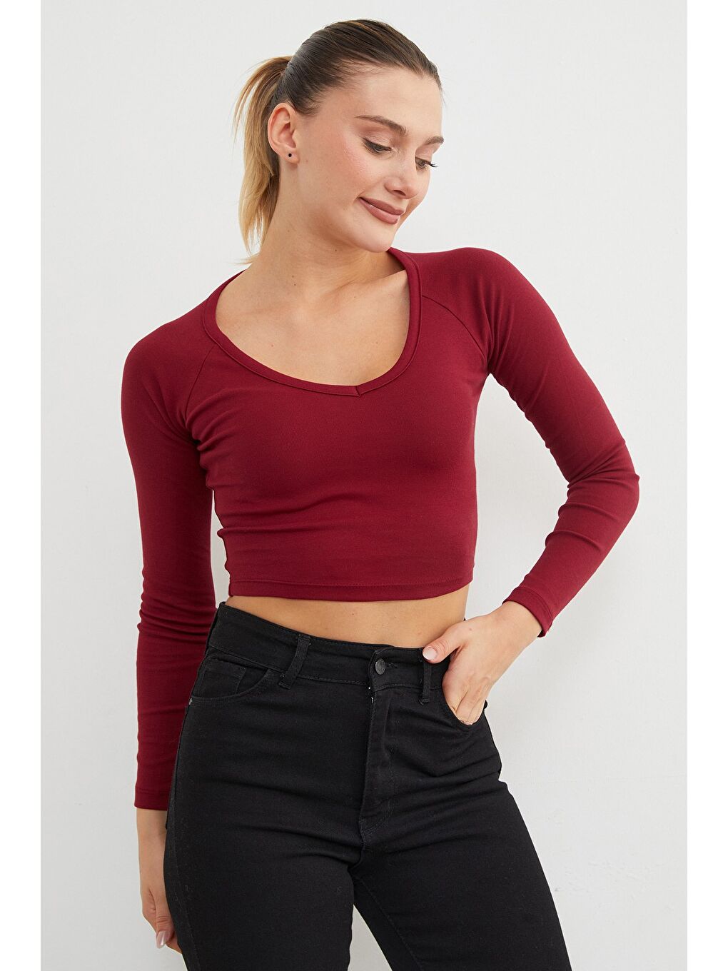 Bordo V Yaka Uzun Kol Crop Bluz-1