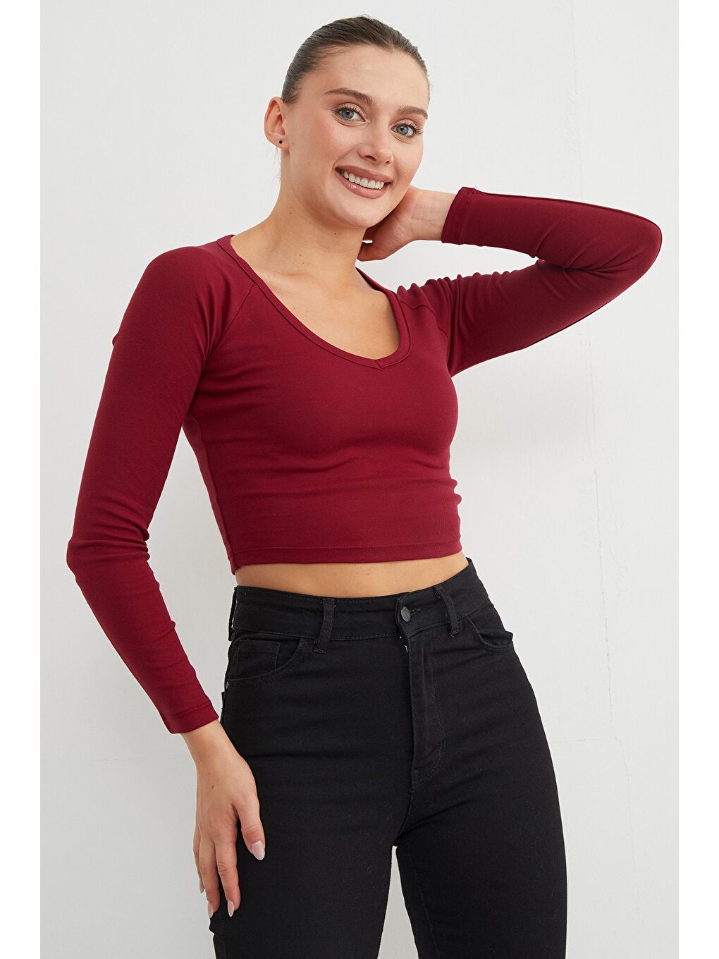 Bordo V Yaka Uzun Kol Crop Bluz-2