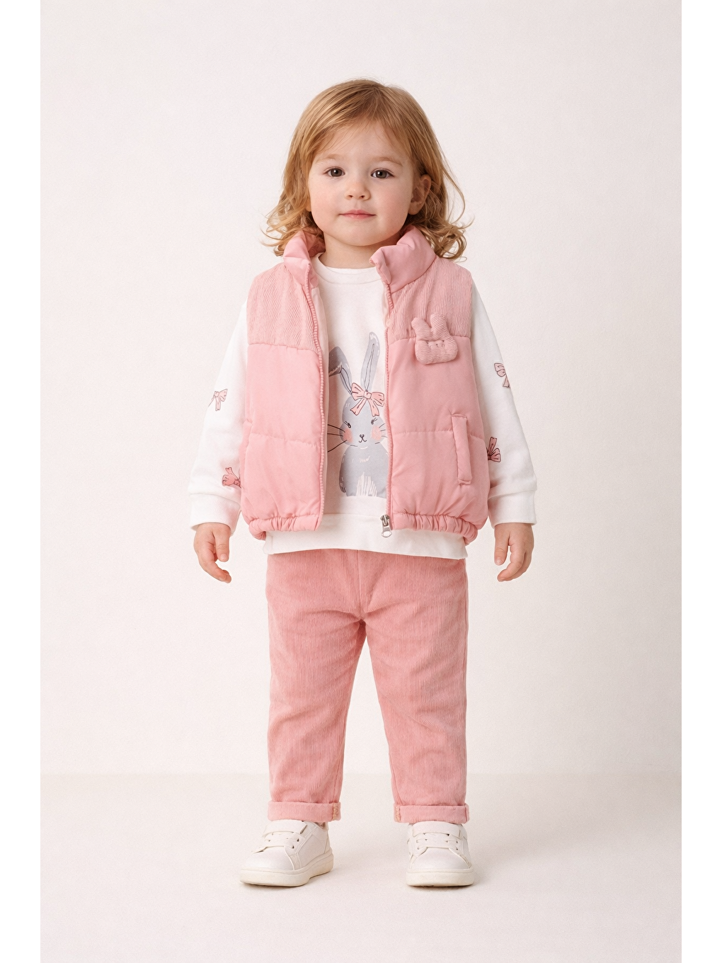 Pembe Kız Bebek 3’lü Takım 9-24 Ay Şişme Yelek %100 Pamuk Sweatshirt Kadife Pantolon