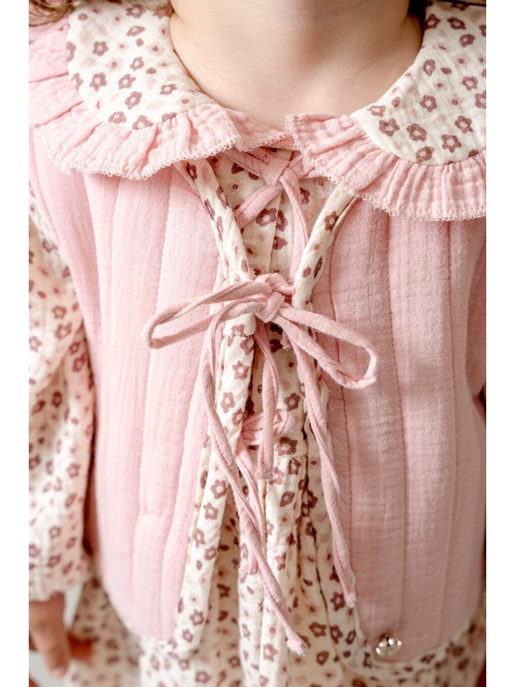 Pembe Kız Çocuk Pamuklu Pudra Çiçek Desenli Elbise Ve Yelek Takım-6