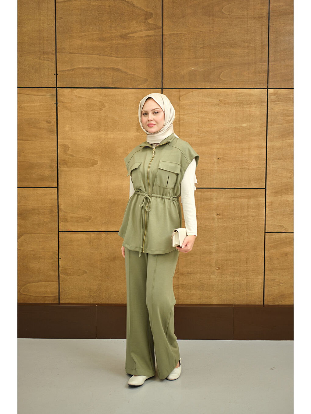 Kadın Beli Ayarlanabilir Gold Fermuar Detay Yelekli Takım Açık Yeşil-4