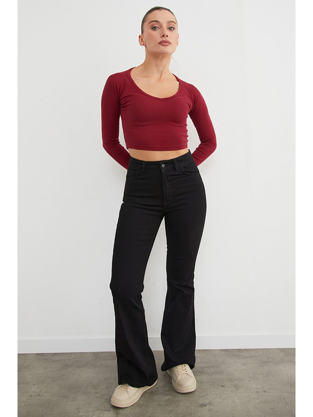 Bordo V Yaka Uzun Kol Crop Bluz-3