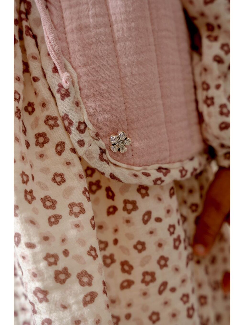 Pembe Kız Çocuk Pamuklu Pudra Çiçek Desenli Elbise Ve Yelek Takım-7