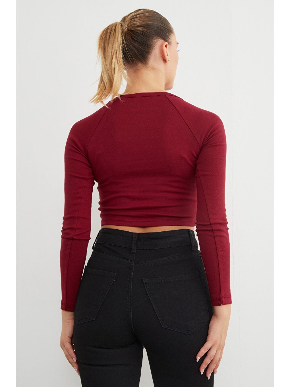 Bordo V Yaka Uzun Kol Crop Bluz-4