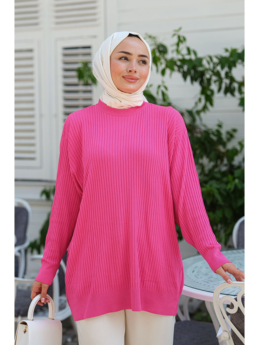 Locco Moda Pembe Çizgili Triko Kazak Pembe