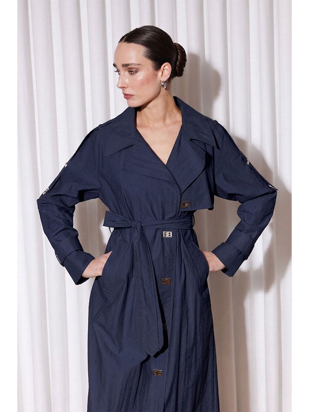 Missemramiss Mone Kuşak ve Astar Detaylı Trençkot 5348 Lacivert-1