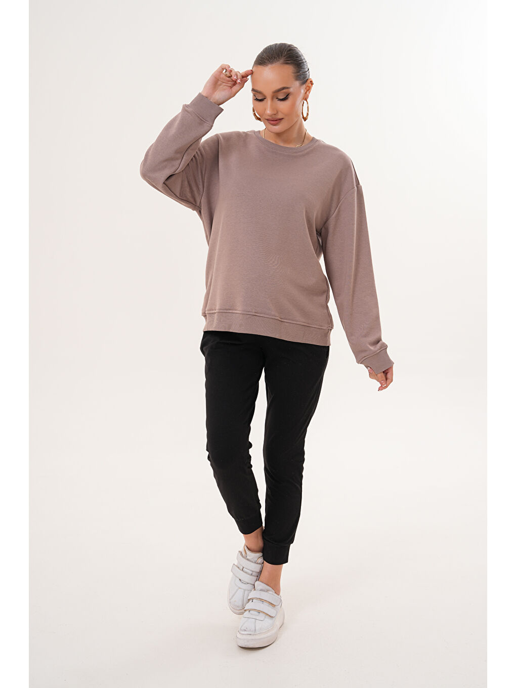 Bej Bisiklet Yaka %100 Pamuk Hamile ve Lohusa Basic Sweatshirt