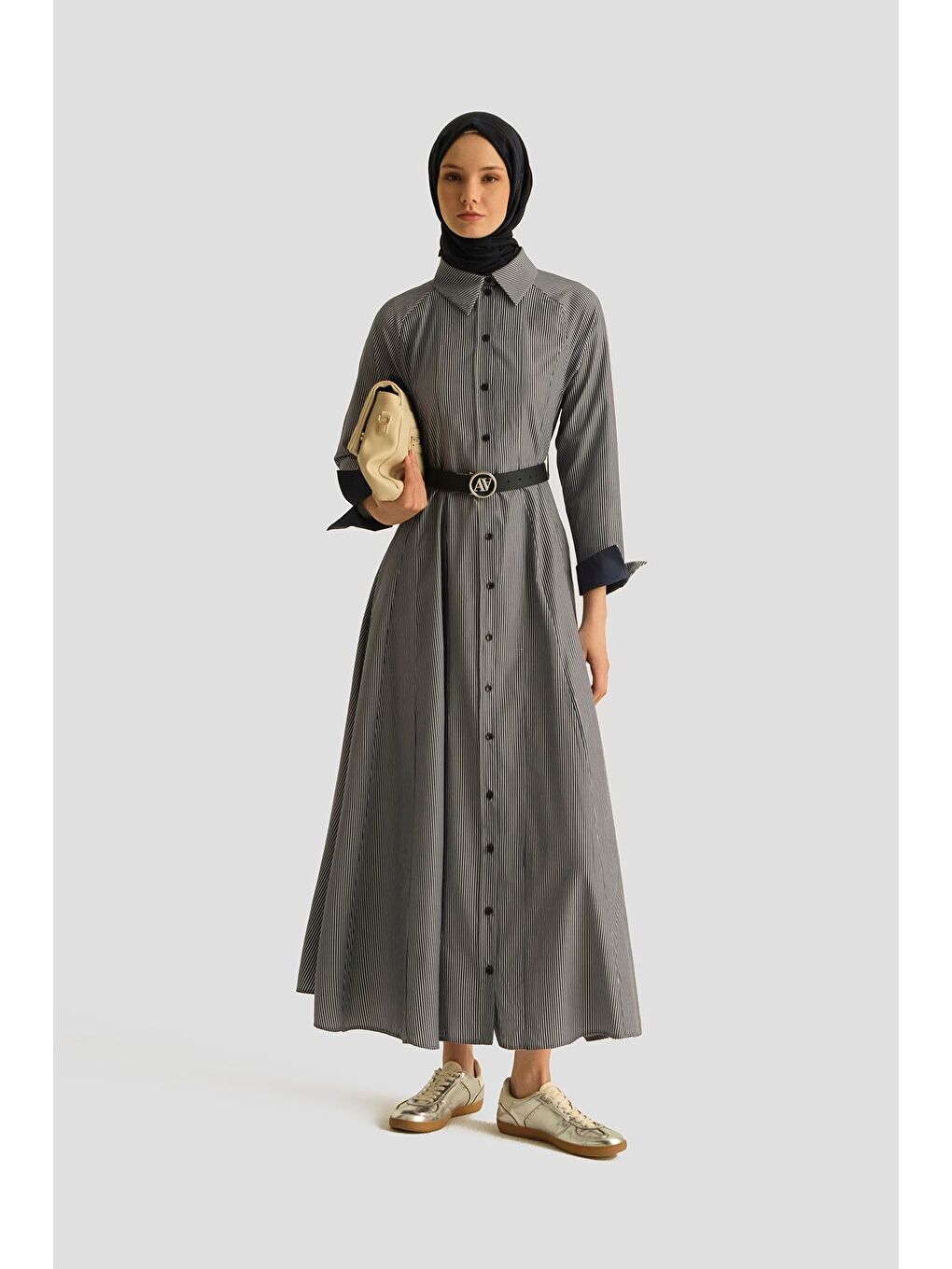 Beli Pensli Çizgili Elbise 25Y9026 Lacivert