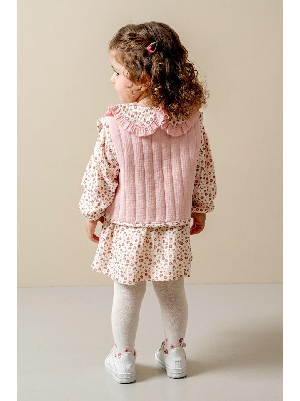 Pembe Kız Çocuk Pamuklu Pudra Çiçek Desenli Elbise Ve Yelek Takım-8