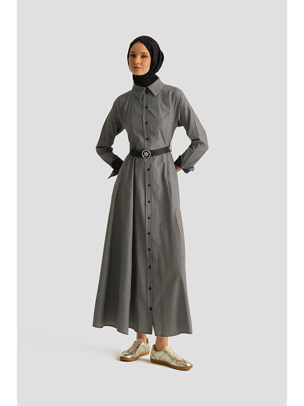 Beli Pensli Çizgili Elbise 25Y9026 Lacivert-1