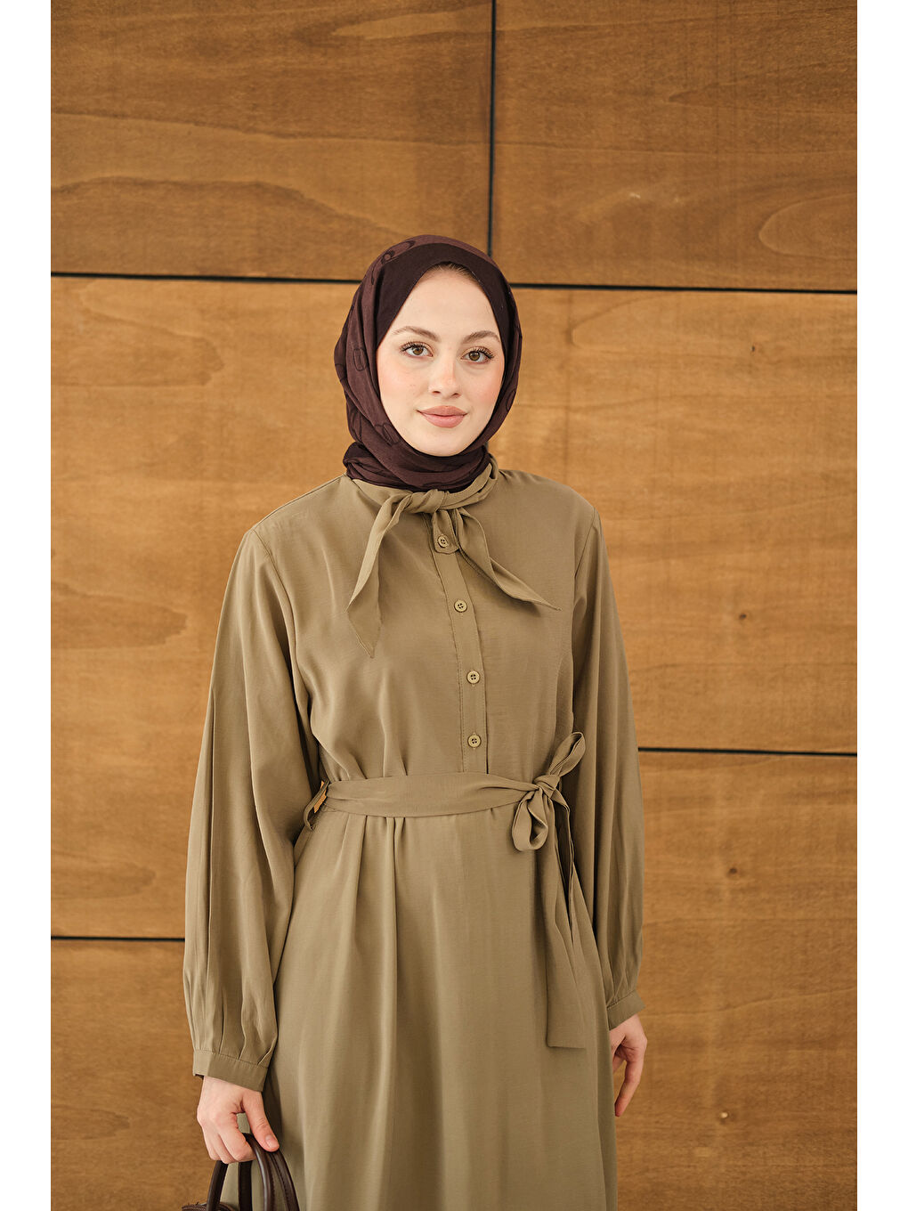 Kadın Fular Yaka Detaylı Nervürlü Modal Elbise Küf Yeşil-1