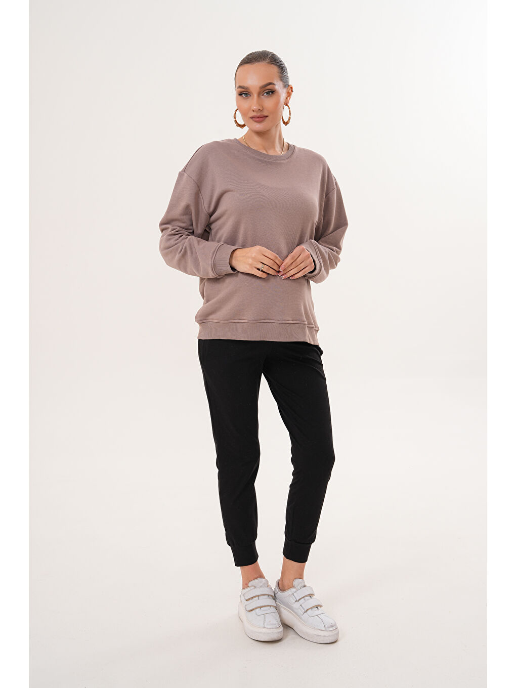 Bej Bisiklet Yaka %100 Pamuk Hamile ve Lohusa Basic Sweatshirt-1