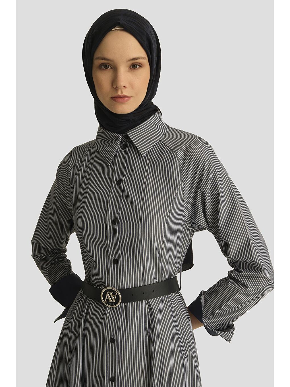 Beli Pensli Çizgili Elbise 25Y9026 Lacivert-2