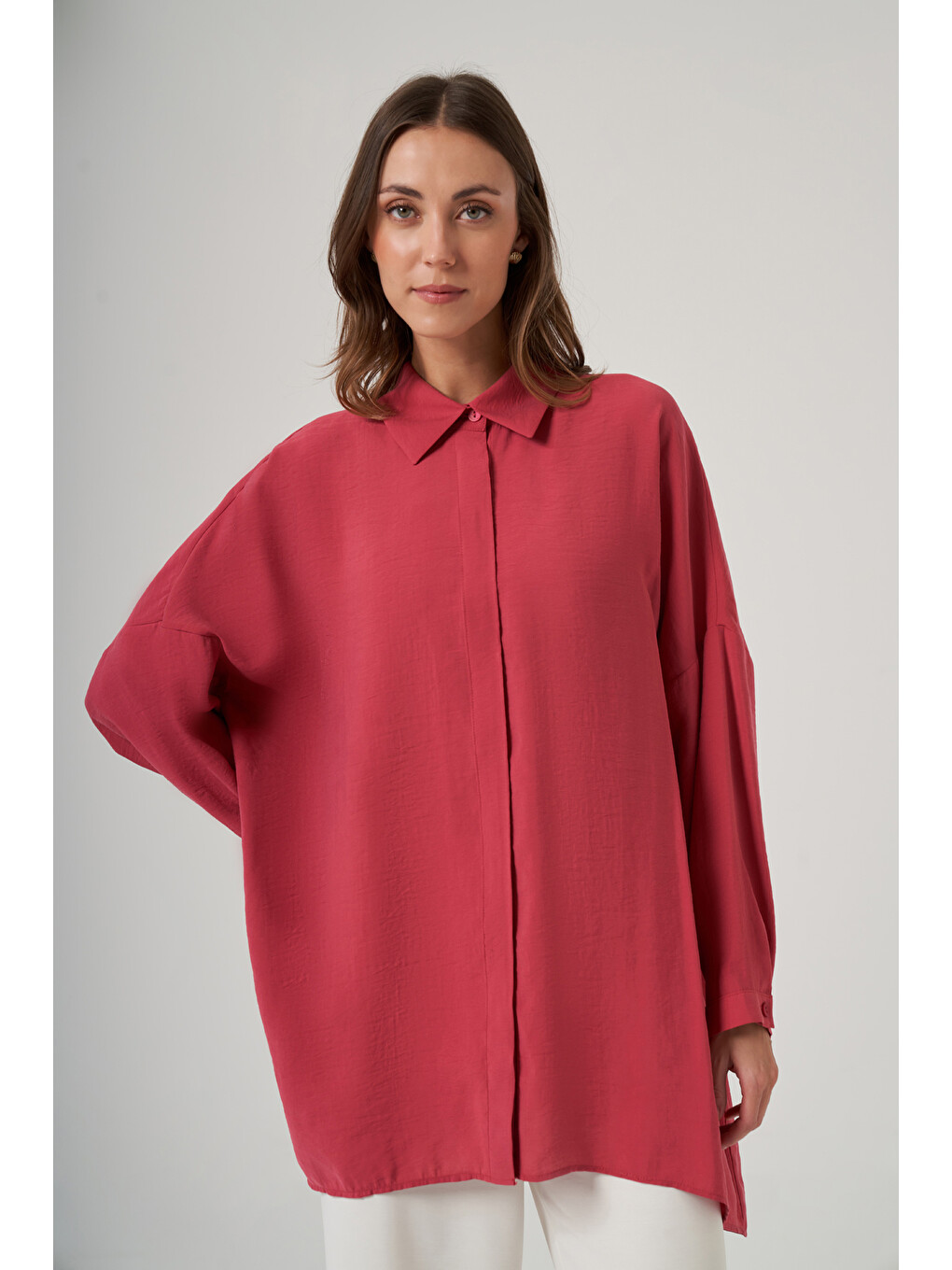 Kırmızı Oversize Basic Yazlık Gömlek 3001 Red Plum