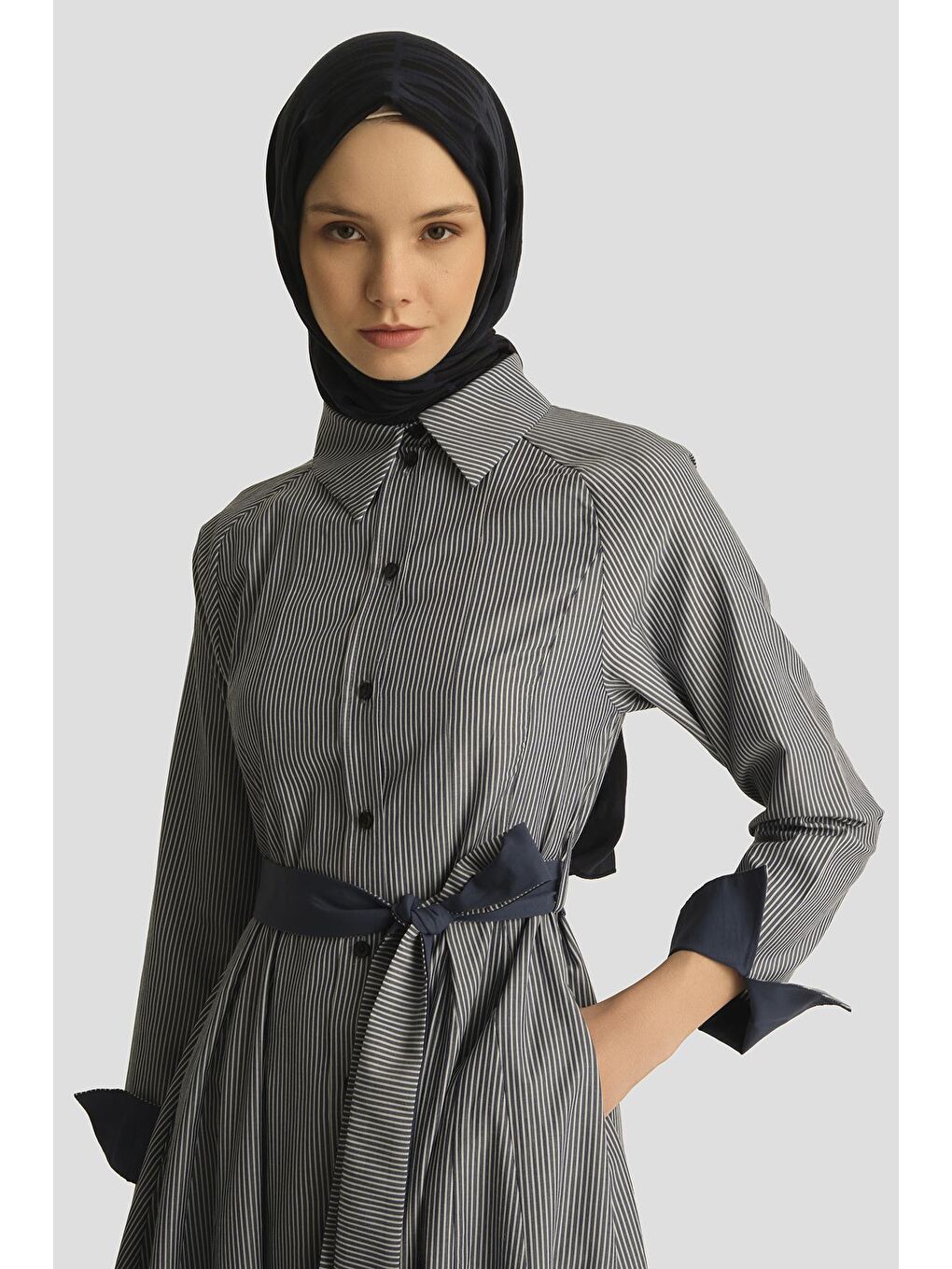 Beli Pensli Çizgili Elbise 25Y9026 Lacivert-3