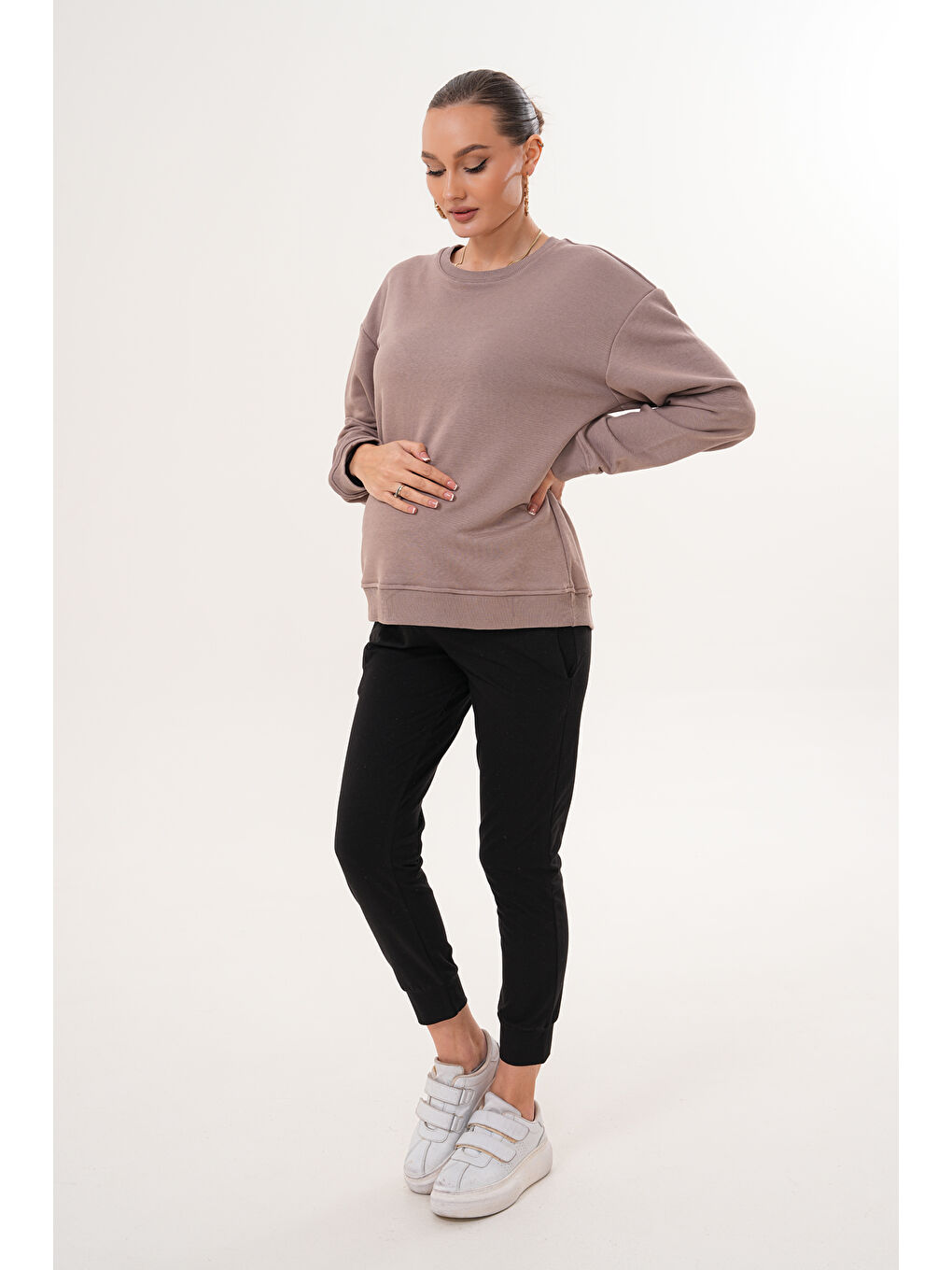 Bej Bisiklet Yaka %100 Pamuk Hamile ve Lohusa Basic Sweatshirt-2