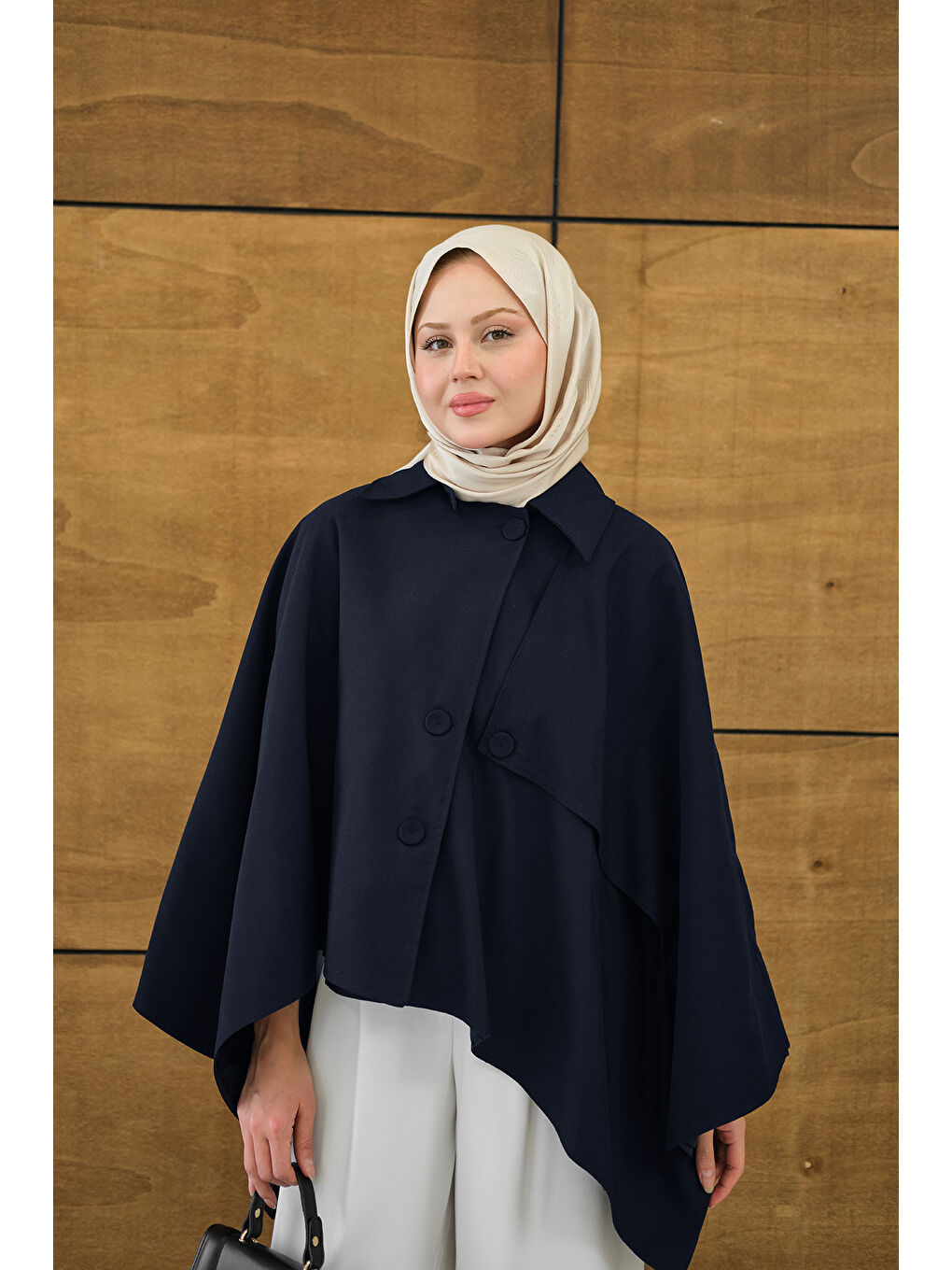 Kadın Gömlek Yaka Düğmeli Astarlı Oversize Gabardin Panço Trenç Lacivert-1