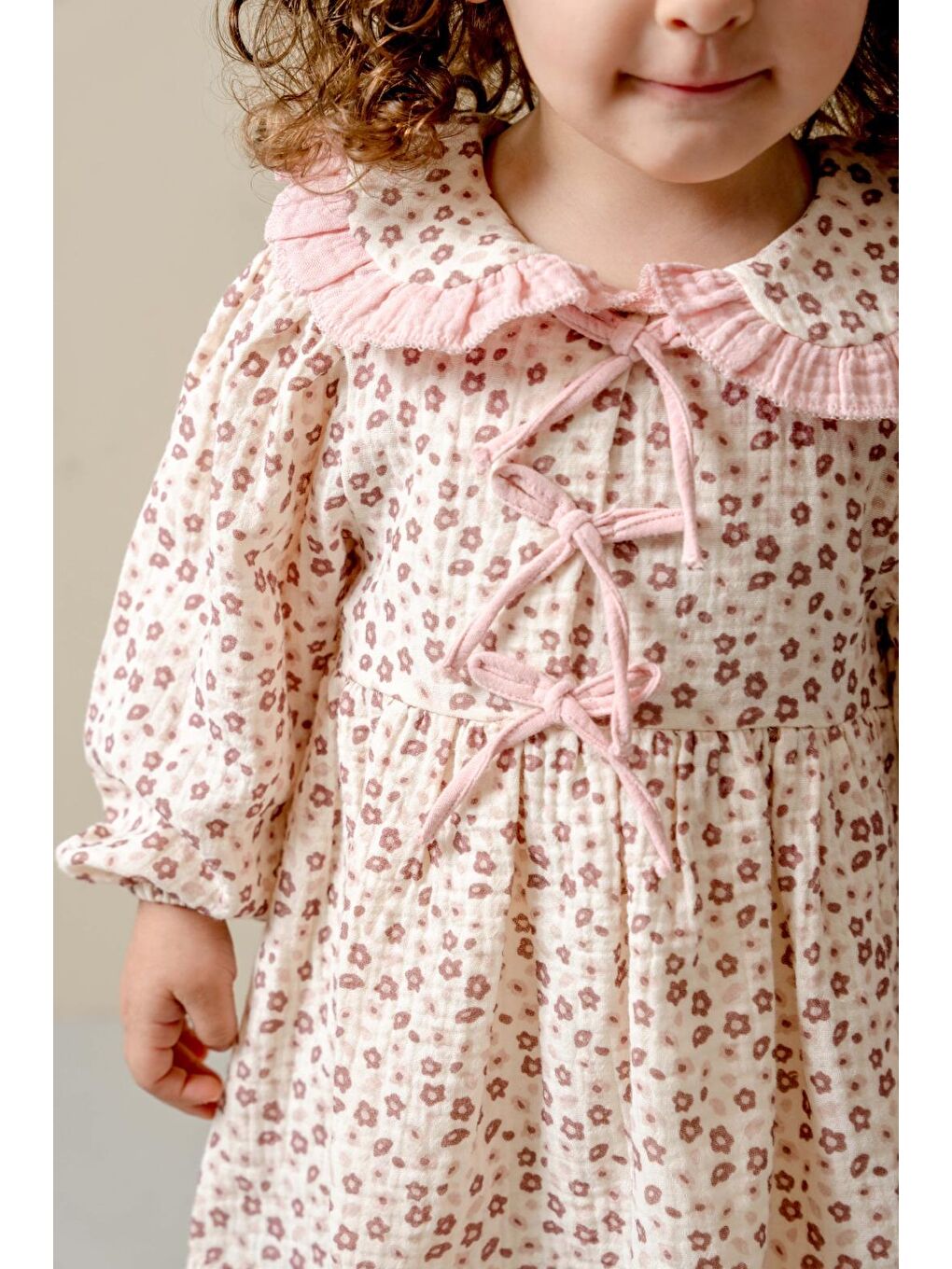Pembe Kız Çocuk Pamuklu Pudra Çiçek Desenli Elbise Ve Yelek Takım-9