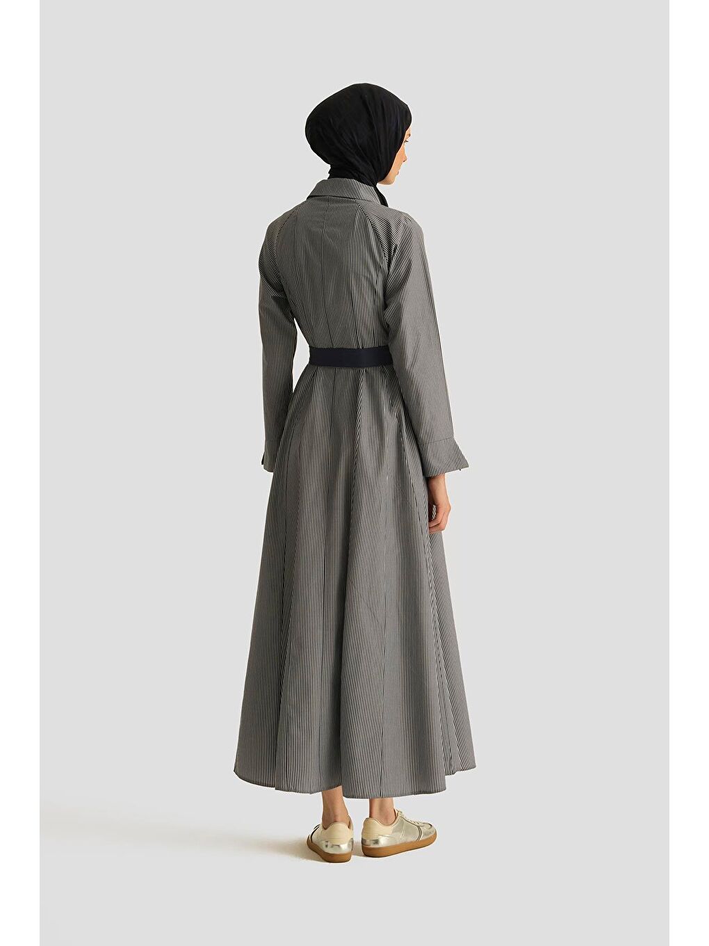 Beli Pensli Çizgili Elbise 25Y9026 Lacivert-4