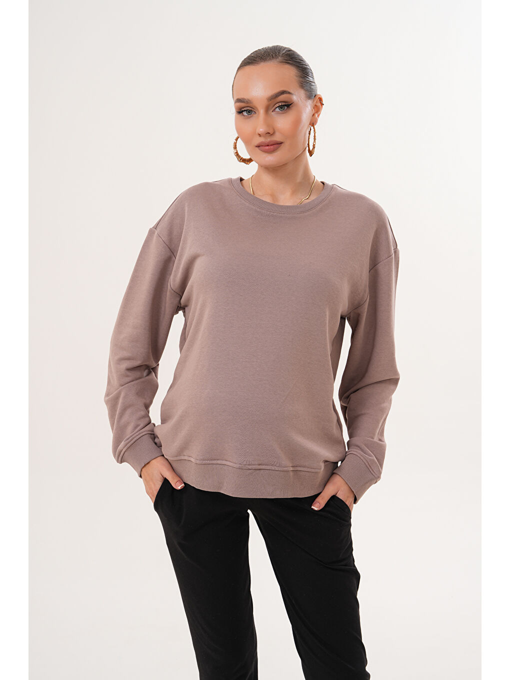 Bej Bisiklet Yaka %100 Pamuk Hamile ve Lohusa Basic Sweatshirt-3