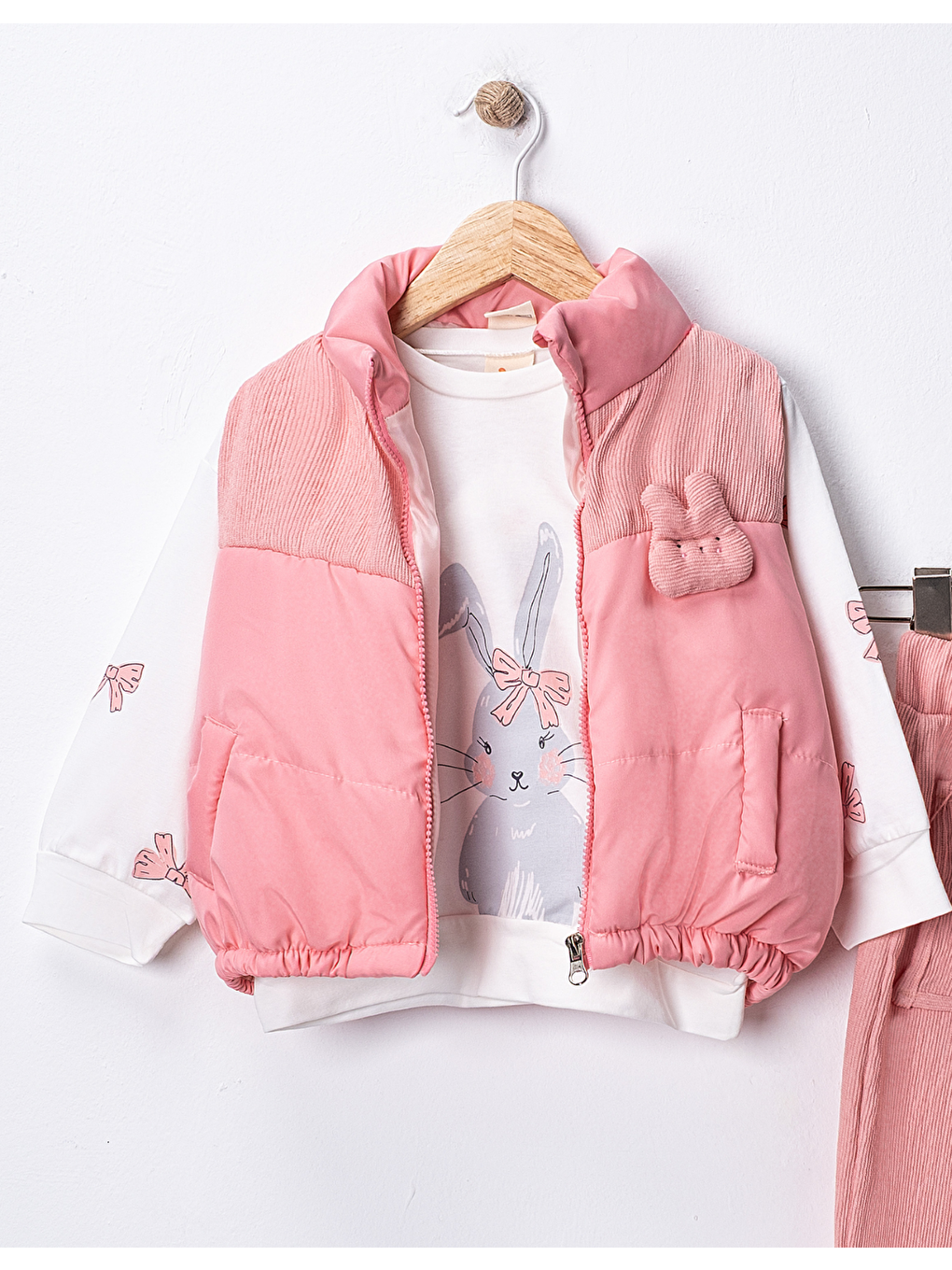 Pembe Kız Bebek 3’lü Takım 9-24 Ay Şişme Yelek %100 Pamuk Sweatshirt Kadife Pantolon-3