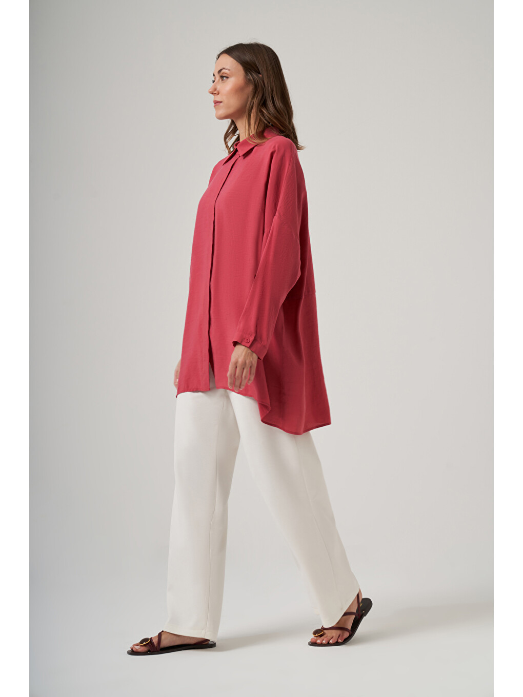 Kırmızı Oversize Basic Yazlık Gömlek 3001 Red Plum-1