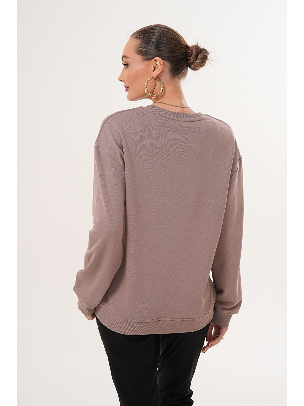 Bej Bisiklet Yaka %100 Pamuk Hamile ve Lohusa Basic Sweatshirt-4