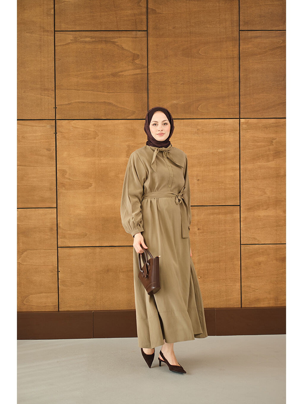 Kadın Fular Yaka Detaylı Nervürlü Modal Elbise Küf Yeşil-2