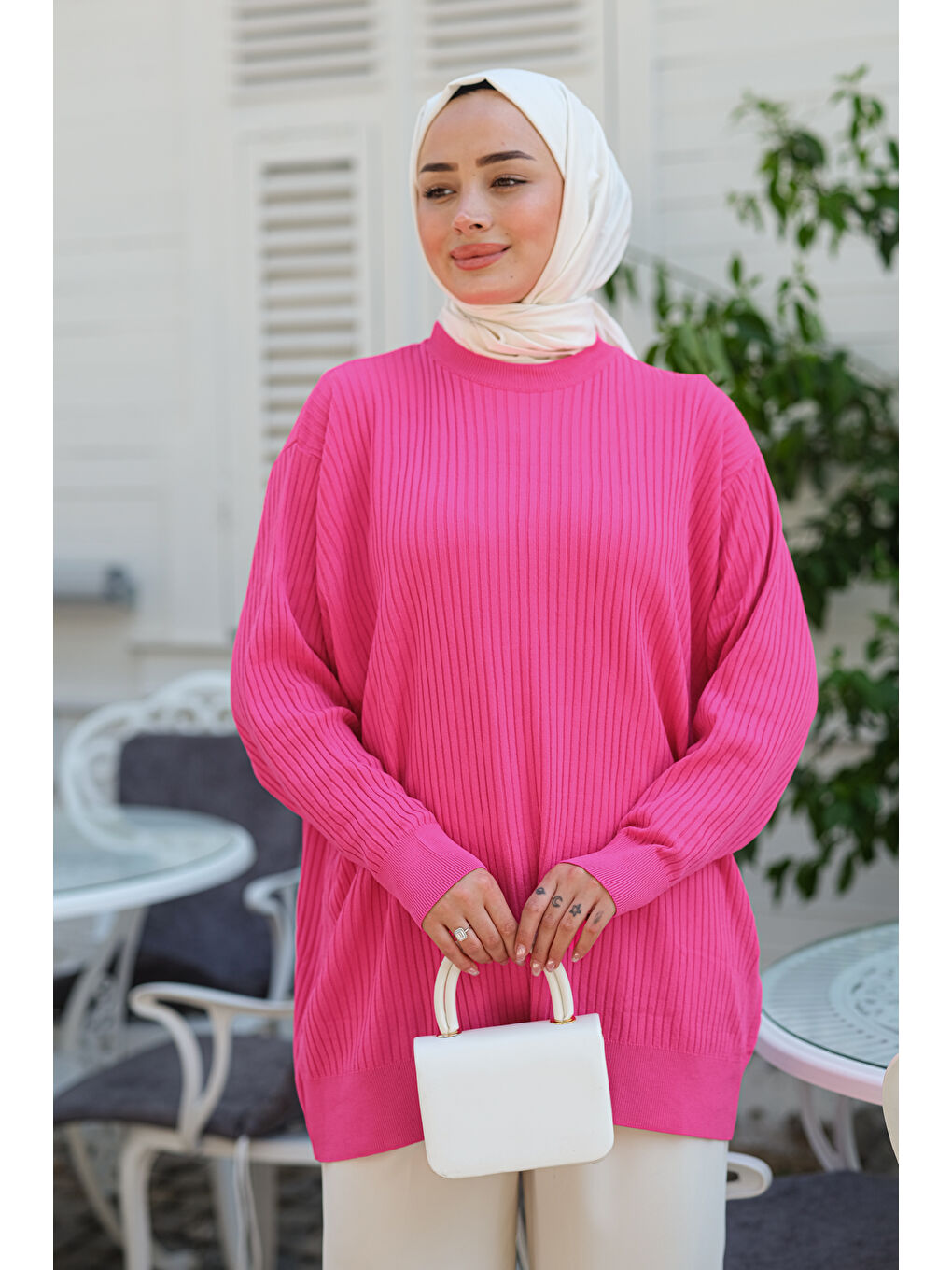 Locco Moda Pembe Çizgili Triko Kazak Pembe - 2