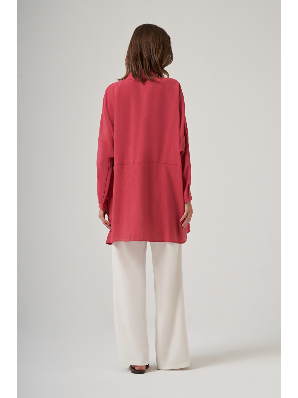 Kırmızı Oversize Basic Yazlık Gömlek 3001 Red Plum-2