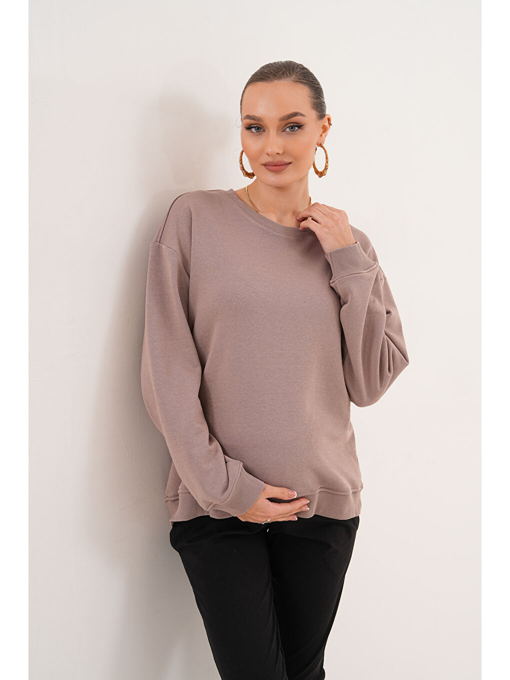 Bej Bisiklet Yaka %100 Pamuk Hamile ve Lohusa Basic Sweatshirt-5