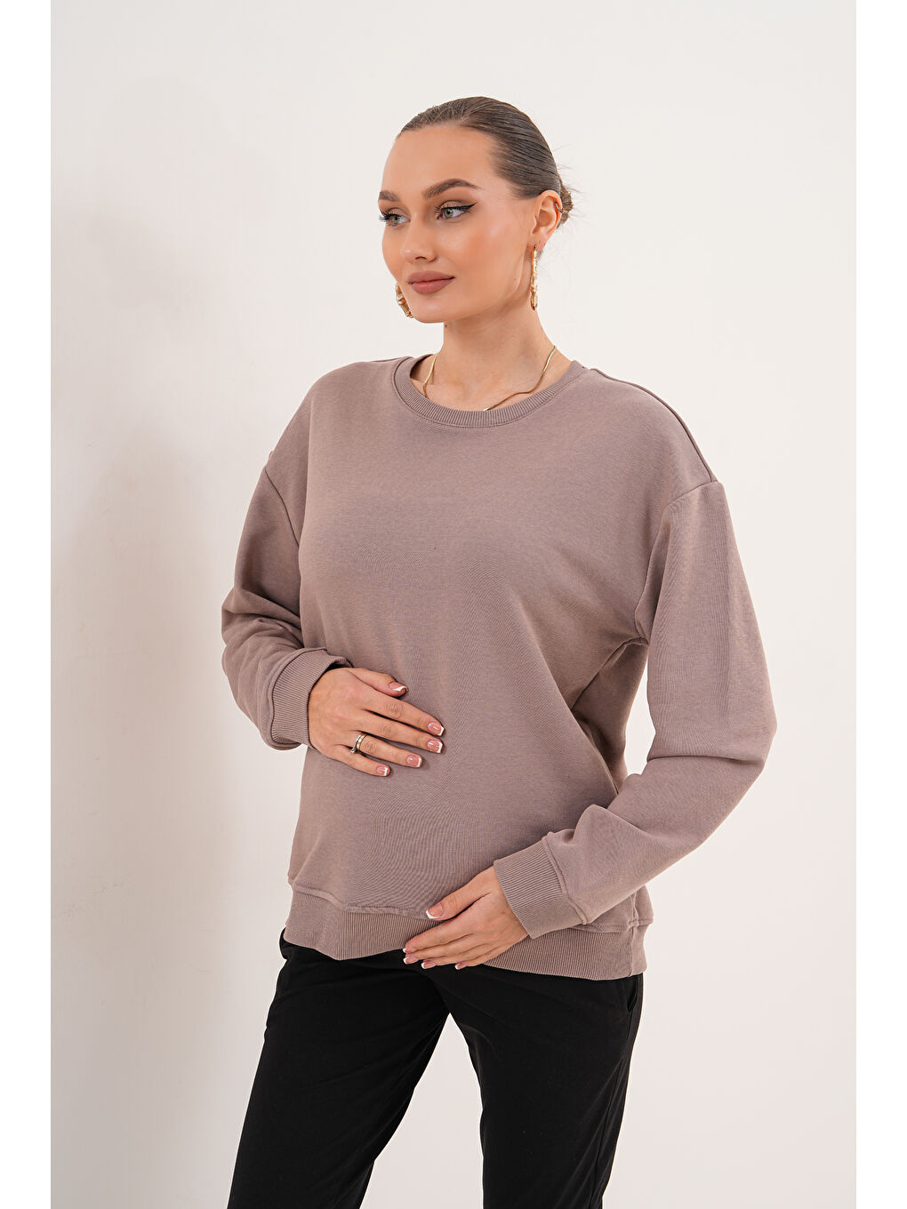 Bej Bisiklet Yaka %100 Pamuk Hamile ve Lohusa Basic Sweatshirt-6