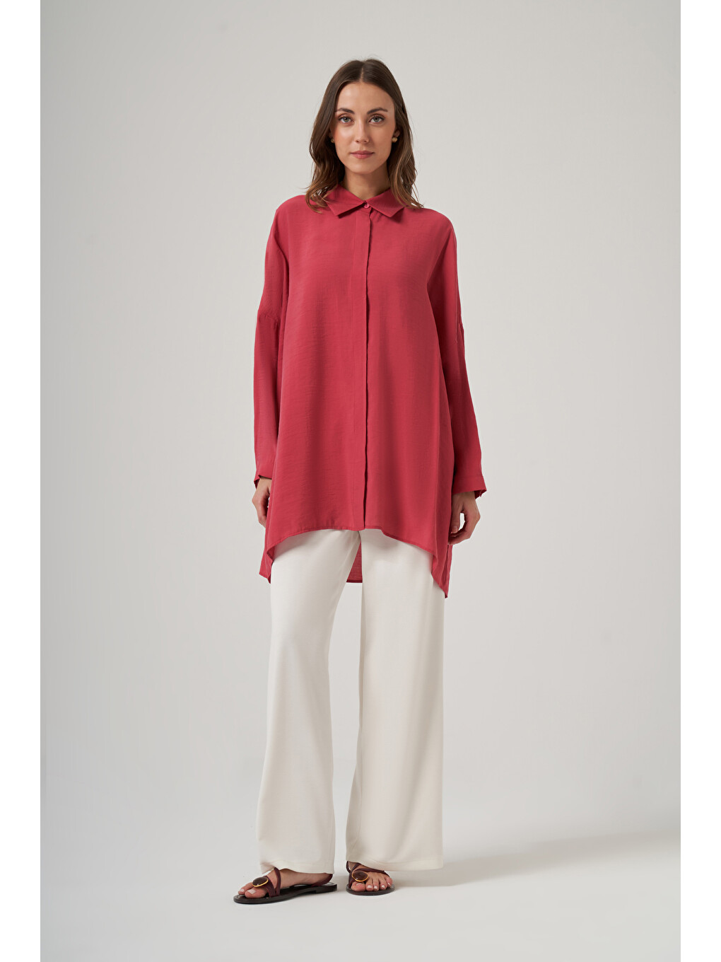 Kırmızı Oversize Basic Yazlık Gömlek 3001 Red Plum-3
