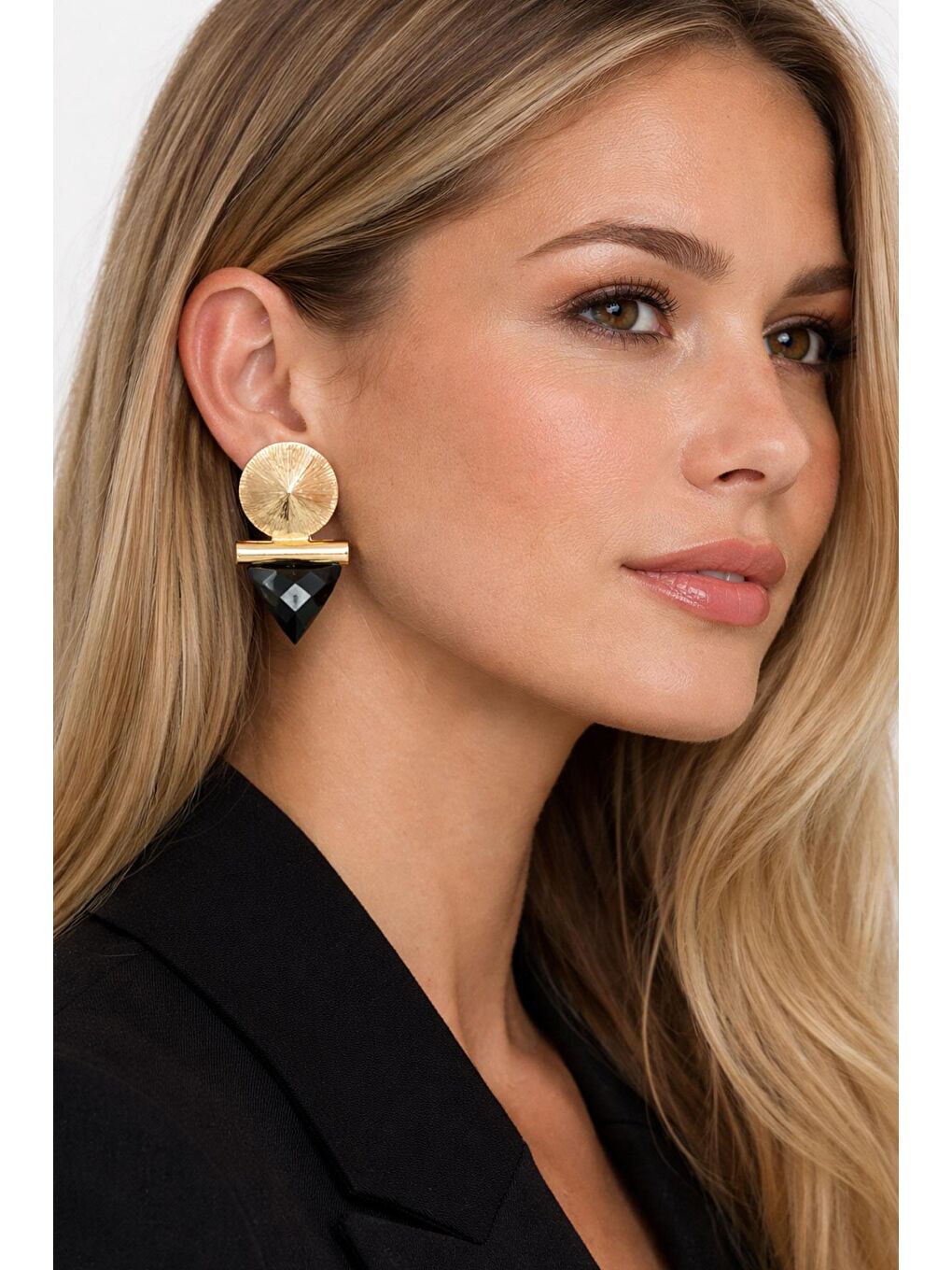 Sarı Gold Detaylı Siyah Taşlı Geometrik Küpe-2