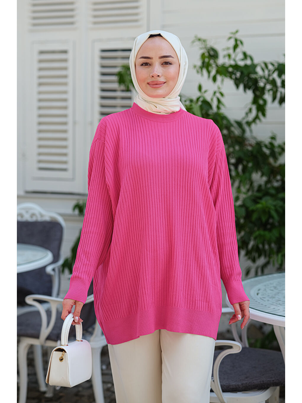 Locco Moda Pembe Çizgili Triko Kazak Pembe - 3