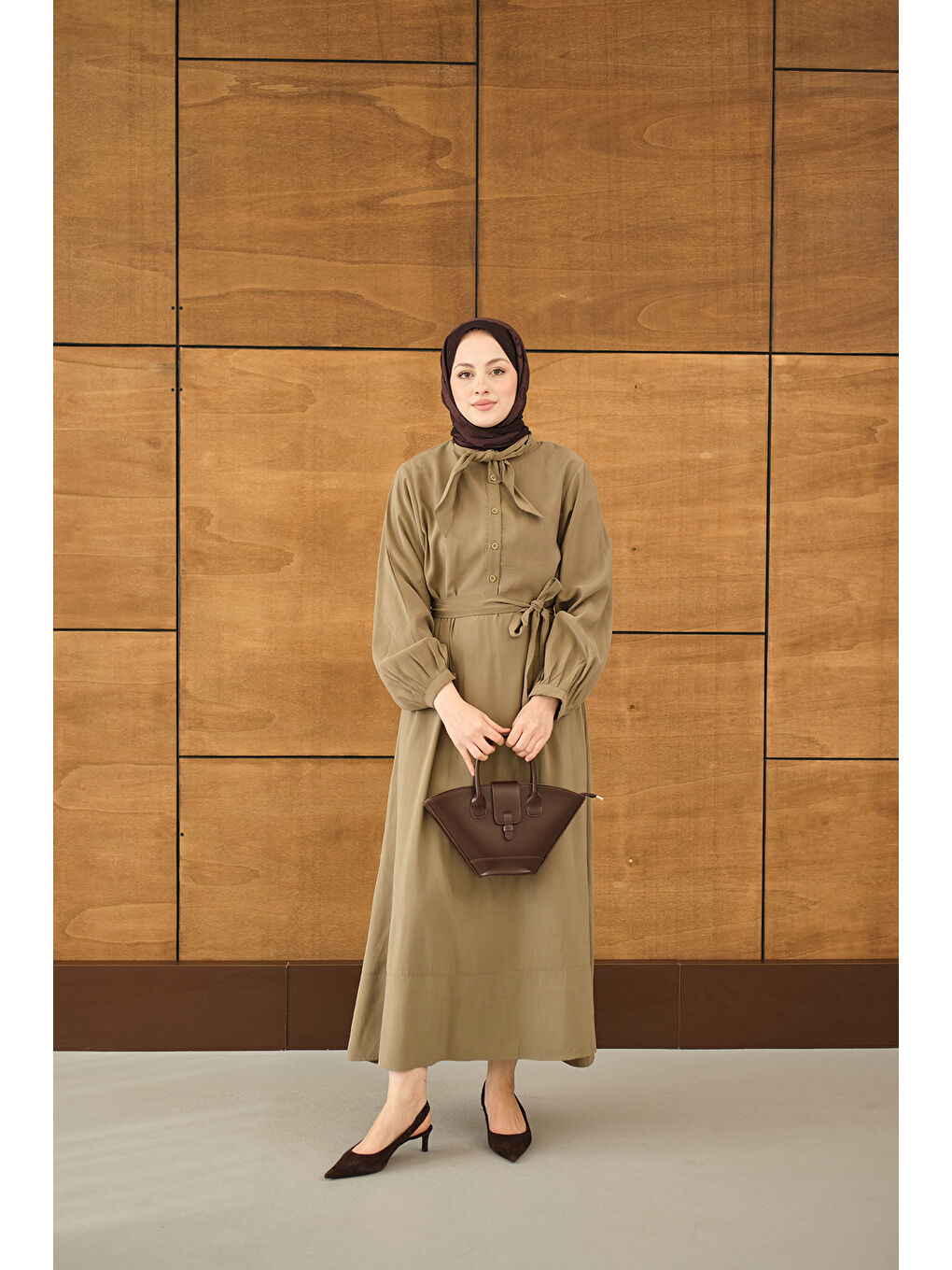 Kadın Fular Yaka Detaylı Nervürlü Modal Elbise Küf Yeşil-3