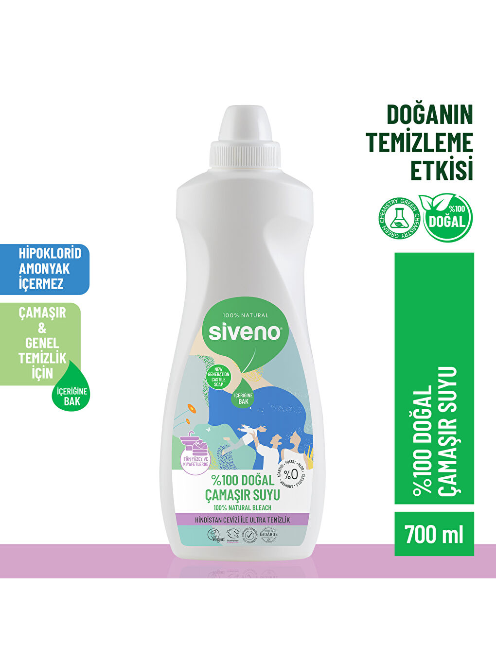 Siveno %100 Doğal Çamaşır Suyu Bitkisel Lavanta Çay Ağacı Tüm Yüzey ve Kumaşlarda 700 ml