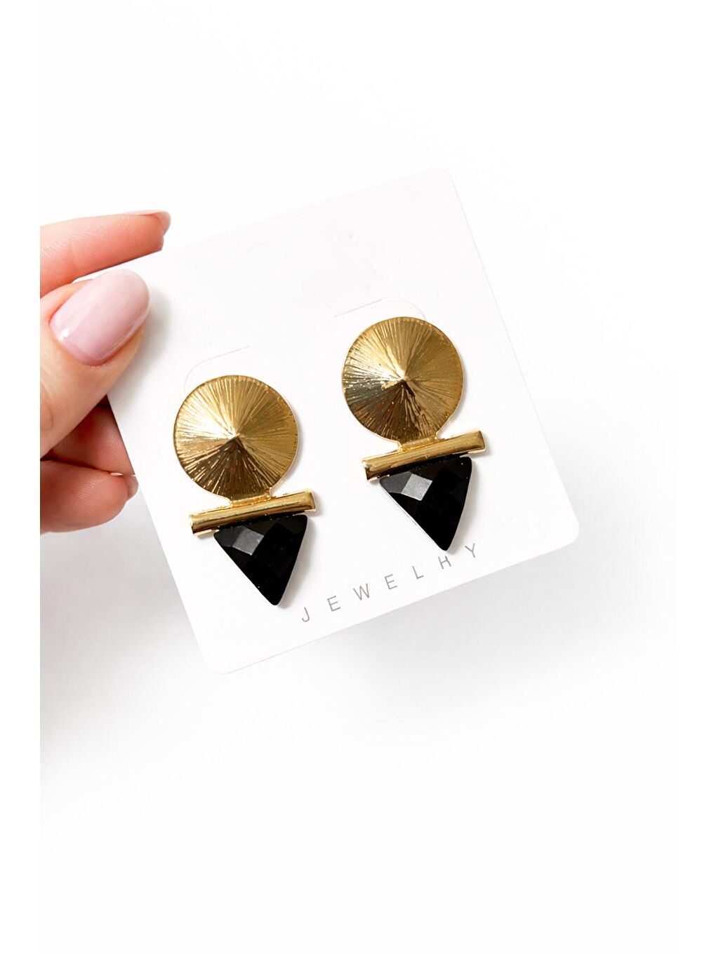 Sarı Gold Detaylı Siyah Taşlı Geometrik Küpe-3